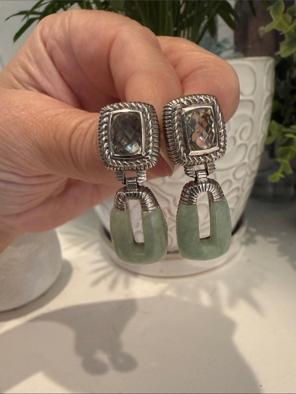 Judith Ripka 925 Sterling Silver Prasiolite Jade Drop Earrings